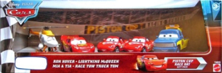 Cars (Auta) - 5pack Piston Cup Race Day - Ron Hover + Mia + Tia + Lightning McQueen + Race Tow Truck Tom